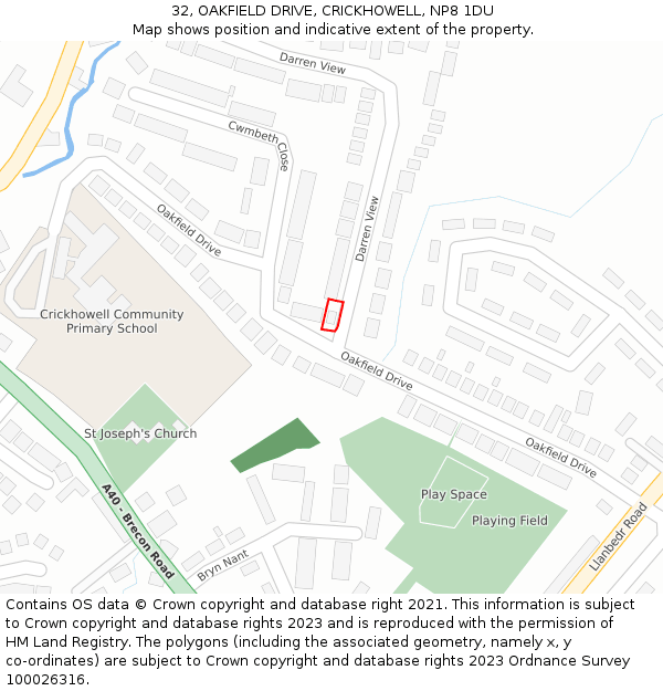 32, OAKFIELD DRIVE, CRICKHOWELL, NP8 1DU: Location map and indicative extent of plot