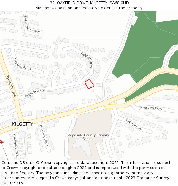 32, OAKFIELD DRIVE, KILGETTY, SA68 0UD: Location map and indicative extent of plot