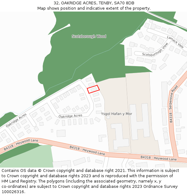 32, OAKRIDGE ACRES, TENBY, SA70 8DB: Location map and indicative extent of plot