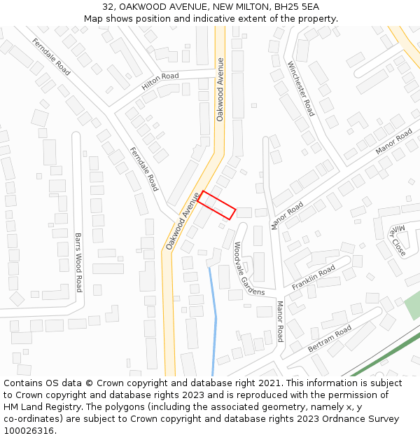 32, OAKWOOD AVENUE, NEW MILTON, BH25 5EA: Location map and indicative extent of plot