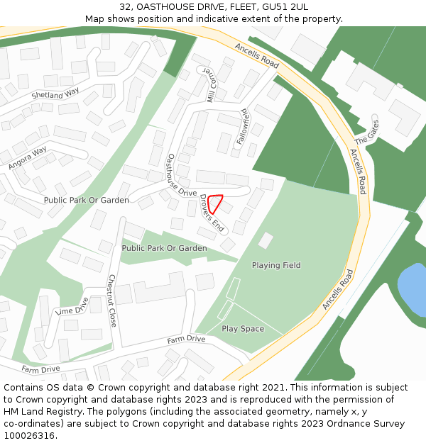 32, OASTHOUSE DRIVE, FLEET, GU51 2UL: Location map and indicative extent of plot