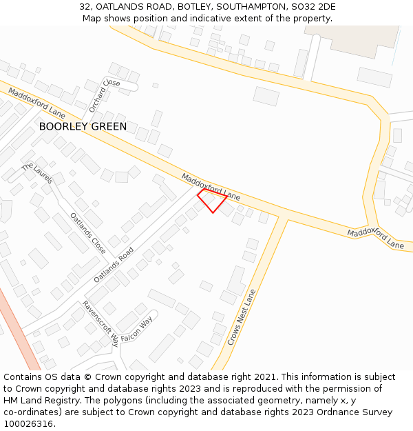 32, OATLANDS ROAD, BOTLEY, SOUTHAMPTON, SO32 2DE: Location map and indicative extent of plot