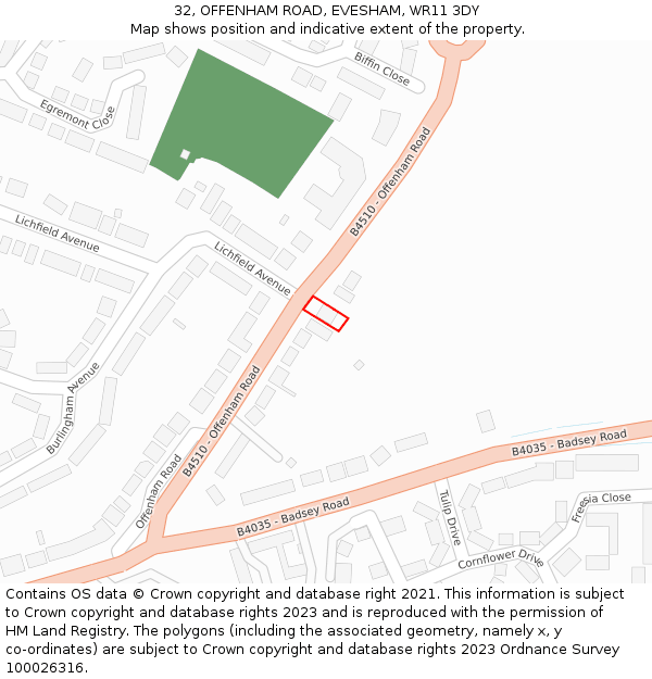 32, OFFENHAM ROAD, EVESHAM, WR11 3DY: Location map and indicative extent of plot
