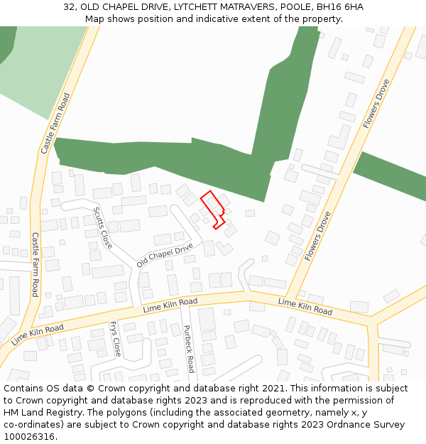 32, OLD CHAPEL DRIVE, LYTCHETT MATRAVERS, POOLE, BH16 6HA: Location map and indicative extent of plot