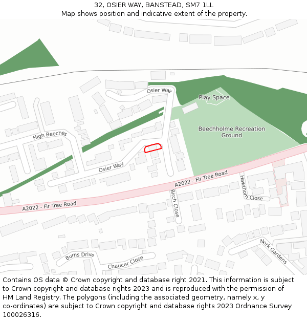 32, OSIER WAY, BANSTEAD, SM7 1LL: Location map and indicative extent of plot