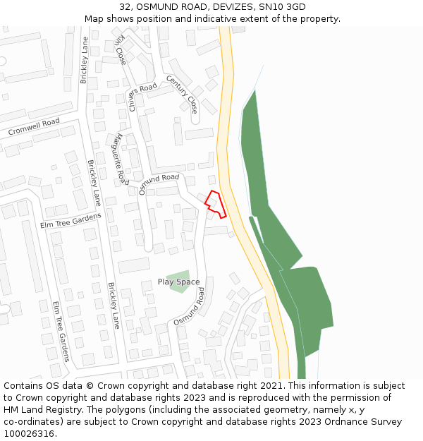 32, OSMUND ROAD, DEVIZES, SN10 3GD: Location map and indicative extent of plot