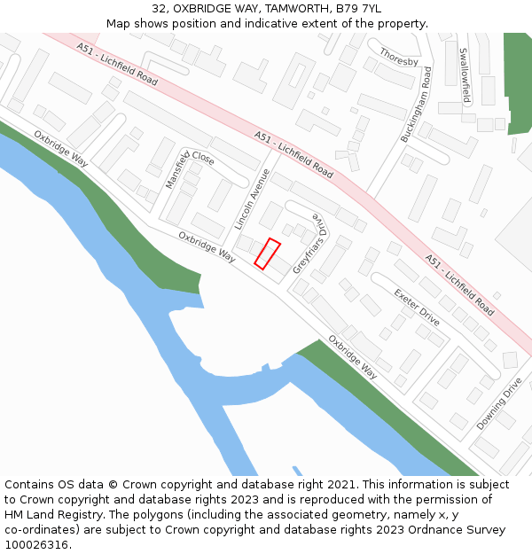 32, OXBRIDGE WAY, TAMWORTH, B79 7YL: Location map and indicative extent of plot