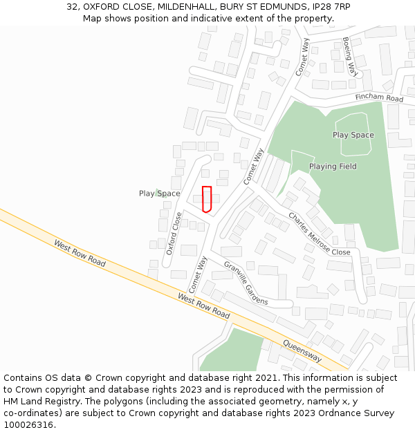 32, OXFORD CLOSE, MILDENHALL, BURY ST EDMUNDS, IP28 7RP: Location map and indicative extent of plot