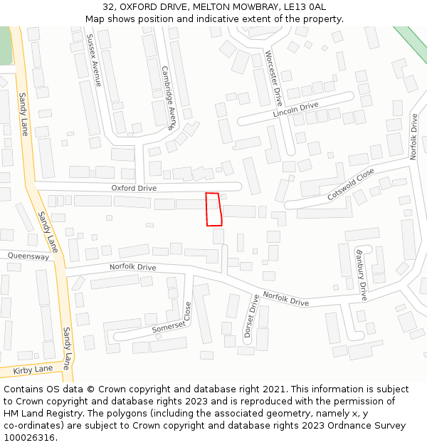 32, OXFORD DRIVE, MELTON MOWBRAY, LE13 0AL: Location map and indicative extent of plot