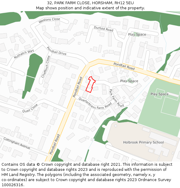 32, PARK FARM CLOSE, HORSHAM, RH12 5EU: Location map and indicative extent of plot