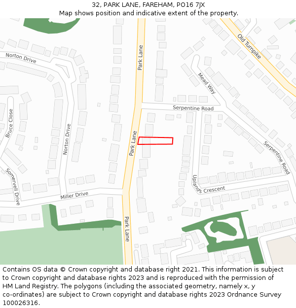 32, PARK LANE, FAREHAM, PO16 7JX: Location map and indicative extent of plot