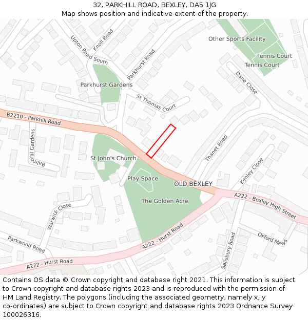 32, PARKHILL ROAD, BEXLEY, DA5 1JG: Location map and indicative extent of plot