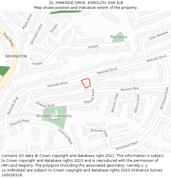 32, PARKSIDE DRIVE, EXMOUTH, EX8 4LB: Location map and indicative extent of plot