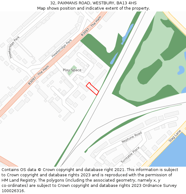 32, PAXMANS ROAD, WESTBURY, BA13 4HS: Location map and indicative extent of plot