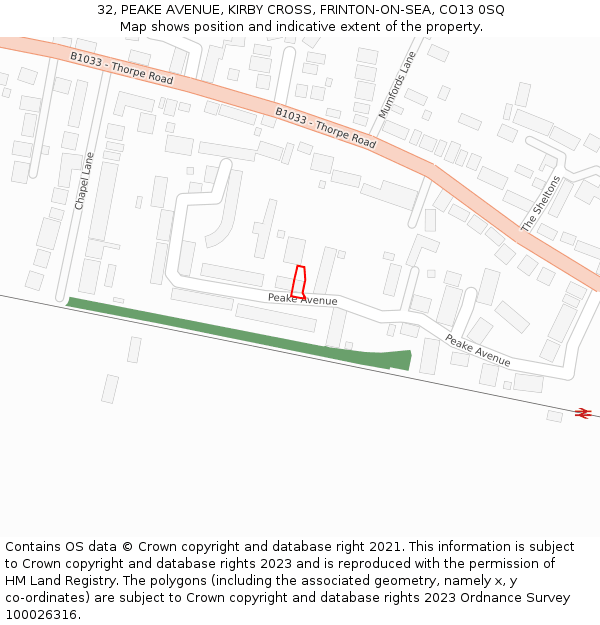 32, PEAKE AVENUE, KIRBY CROSS, FRINTON-ON-SEA, CO13 0SQ: Location map and indicative extent of plot