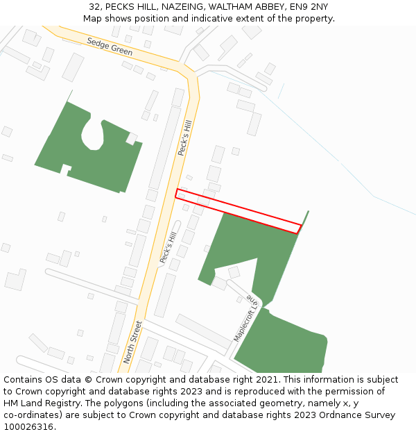 32, PECKS HILL, NAZEING, WALTHAM ABBEY, EN9 2NY: Location map and indicative extent of plot