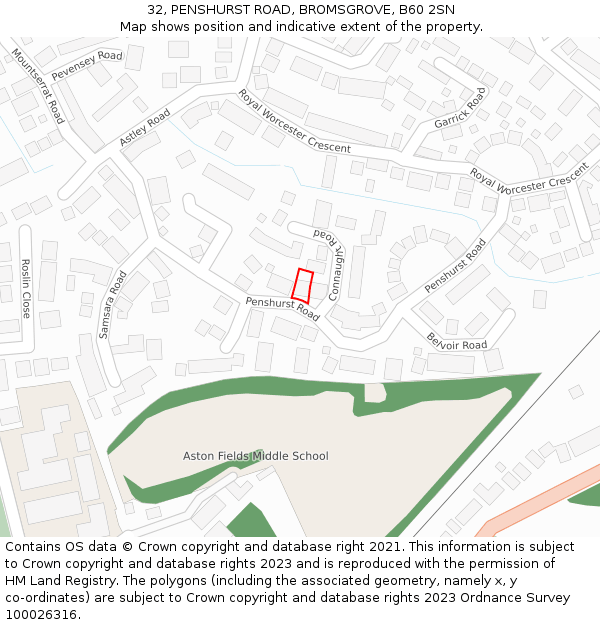 32, PENSHURST ROAD, BROMSGROVE, B60 2SN: Location map and indicative extent of plot
