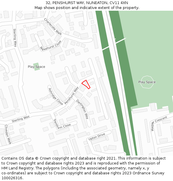 32, PENSHURST WAY, NUNEATON, CV11 4XN: Location map and indicative extent of plot