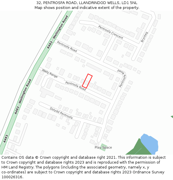 32, PENTROSFA ROAD, LLANDRINDOD WELLS, LD1 5NL: Location map and indicative extent of plot