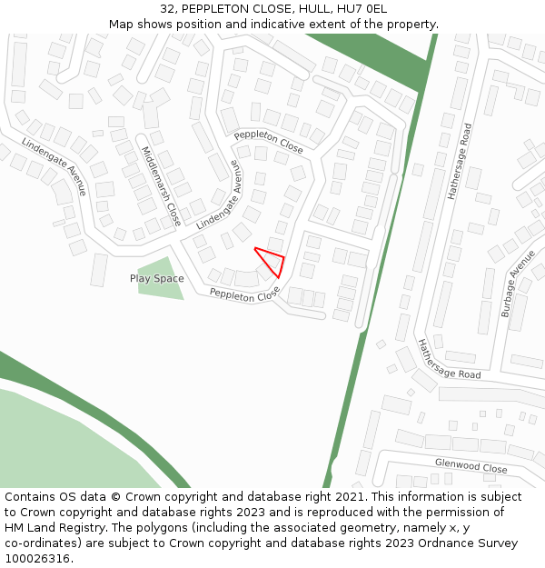 32, PEPPLETON CLOSE, HULL, HU7 0EL: Location map and indicative extent of plot