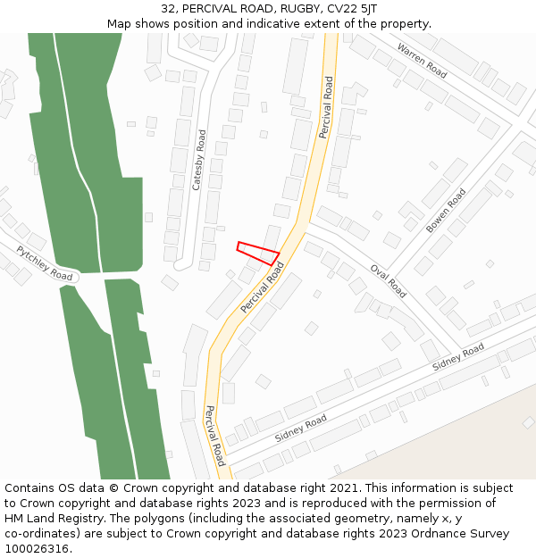 32, PERCIVAL ROAD, RUGBY, CV22 5JT: Location map and indicative extent of plot