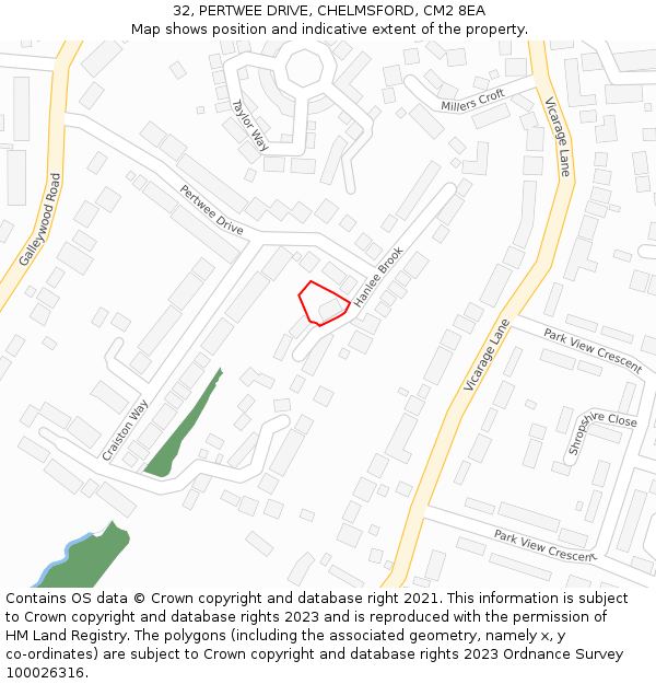 32, PERTWEE DRIVE, CHELMSFORD, CM2 8EA: Location map and indicative extent of plot