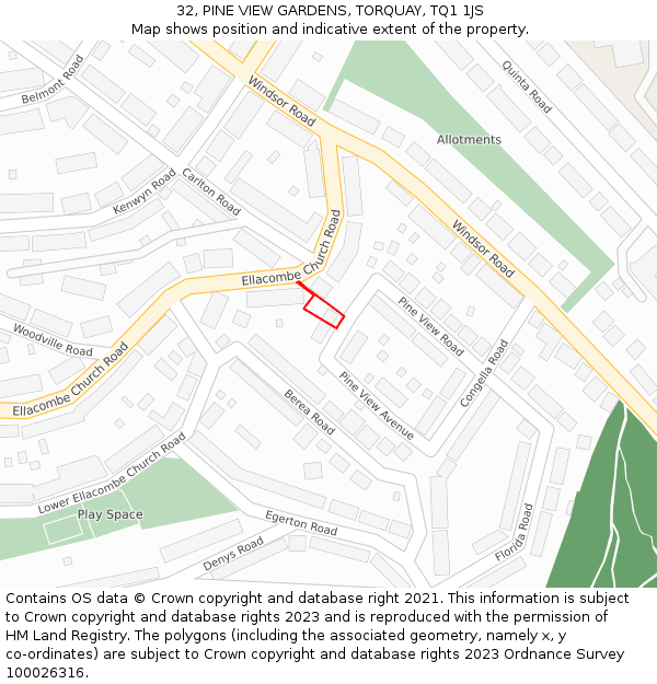 32, PINE VIEW GARDENS, TORQUAY, TQ1 1JS: Location map and indicative extent of plot