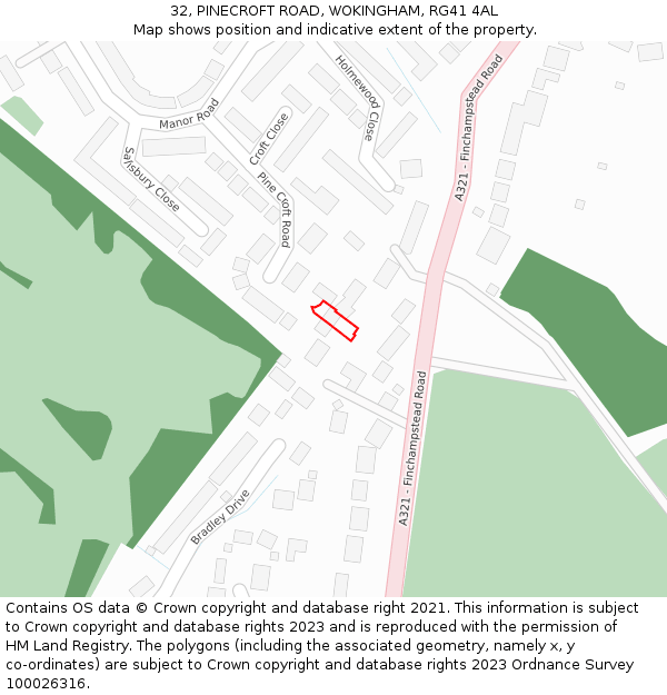 32, PINECROFT ROAD, WOKINGHAM, RG41 4AL: Location map and indicative extent of plot