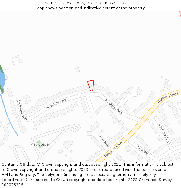 32, PINEHURST PARK, BOGNOR REGIS, PO21 3DL: Location map and indicative extent of plot