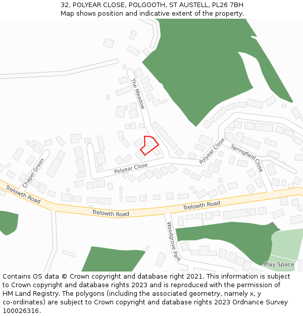 32, POLYEAR CLOSE, POLGOOTH, ST AUSTELL, PL26 7BH: Location map and indicative extent of plot