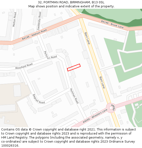 32, PORTMAN ROAD, BIRMINGHAM, B13 0SL: Location map and indicative extent of plot