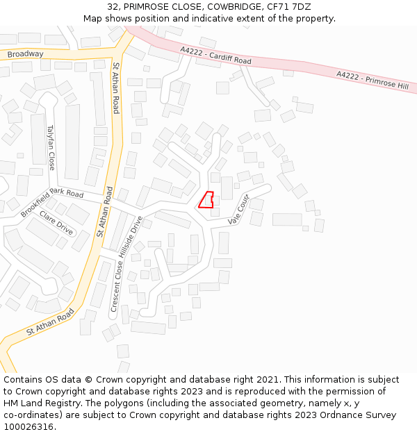 32, PRIMROSE CLOSE, COWBRIDGE, CF71 7DZ: Location map and indicative extent of plot