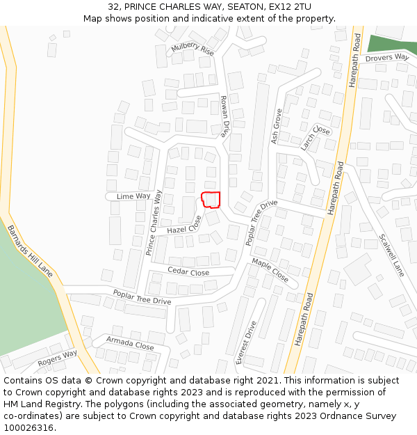 32, PRINCE CHARLES WAY, SEATON, EX12 2TU: Location map and indicative extent of plot