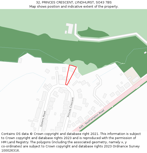 32, PRINCES CRESCENT, LYNDHURST, SO43 7BS: Location map and indicative extent of plot