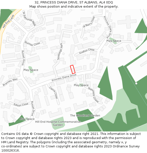 32, PRINCESS DIANA DRIVE, ST ALBANS, AL4 0DQ: Location map and indicative extent of plot