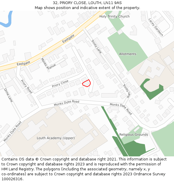 32, PRIORY CLOSE, LOUTH, LN11 9AS: Location map and indicative extent of plot