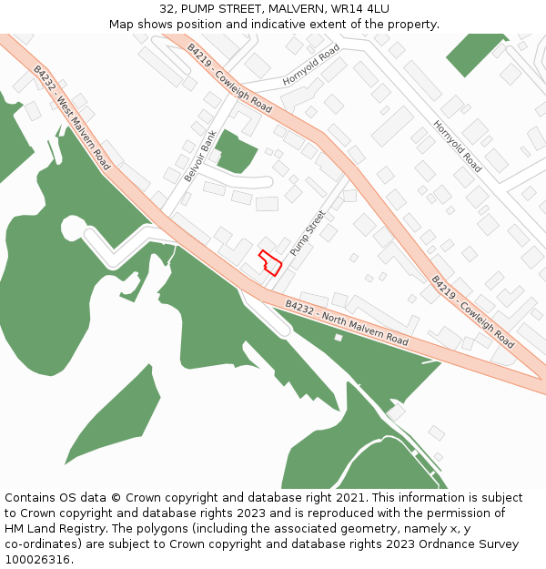 32, PUMP STREET, MALVERN, WR14 4LU: Location map and indicative extent of plot