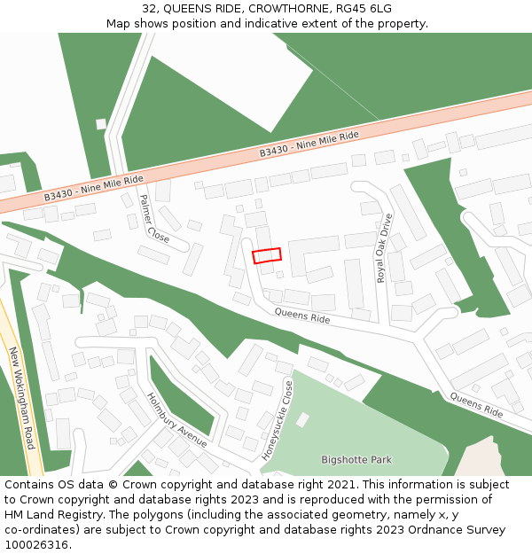 32, QUEENS RIDE, CROWTHORNE, RG45 6LG: Location map and indicative extent of plot