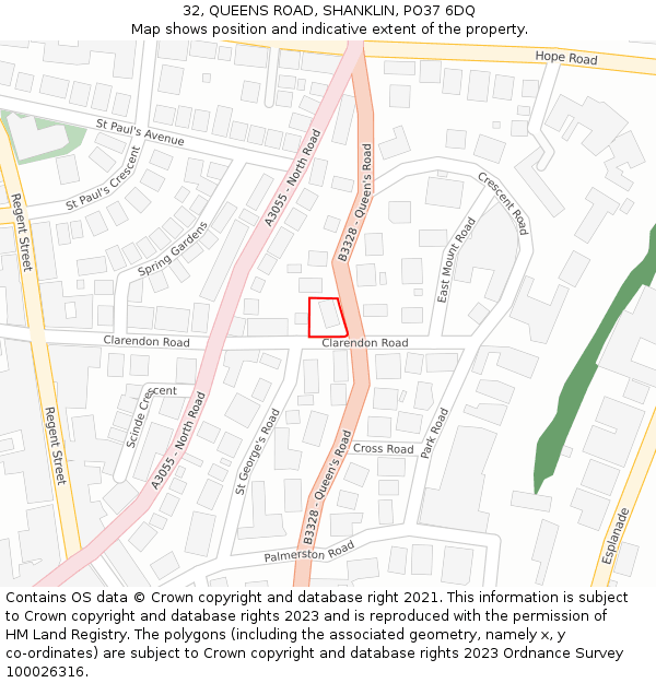 32, QUEENS ROAD, SHANKLIN, PO37 6DQ: Location map and indicative extent of plot