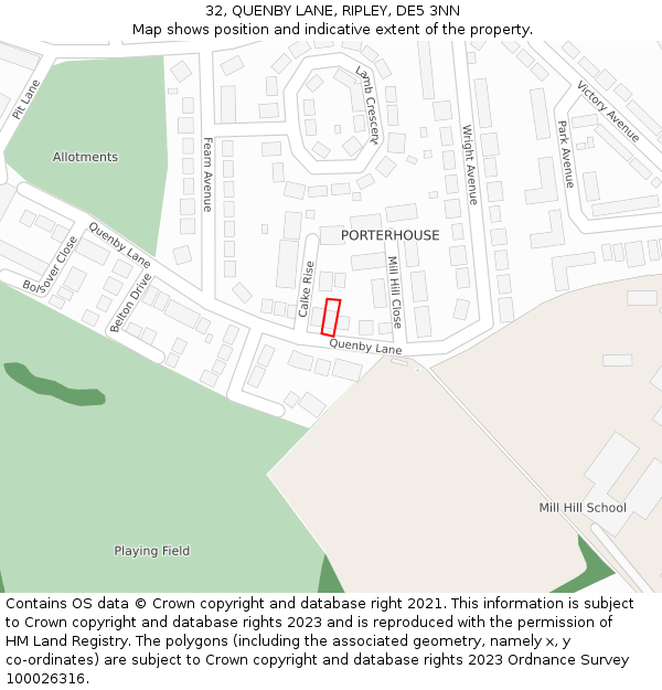 32, QUENBY LANE, RIPLEY, DE5 3NN: Location map and indicative extent of plot