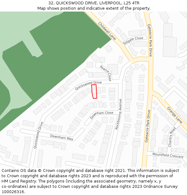 32, QUICKSWOOD DRIVE, LIVERPOOL, L25 4TR: Location map and indicative extent of plot