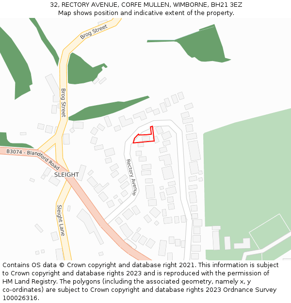 32, RECTORY AVENUE, CORFE MULLEN, WIMBORNE, BH21 3EZ: Location map and indicative extent of plot