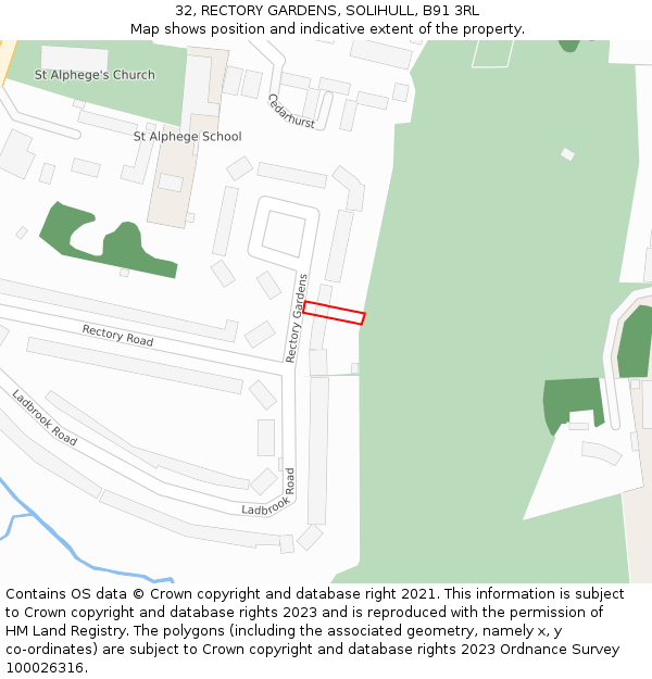 32, RECTORY GARDENS, SOLIHULL, B91 3RL: Location map and indicative extent of plot