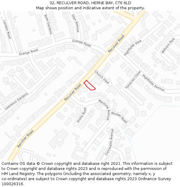 32, RECULVER ROAD, HERNE BAY, CT6 6LD: Location map and indicative extent of plot