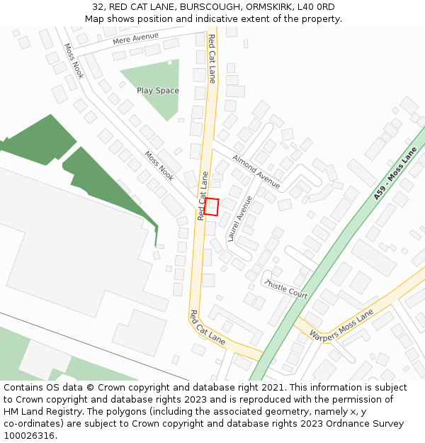 32, RED CAT LANE, BURSCOUGH, ORMSKIRK, L40 0RD: Location map and indicative extent of plot