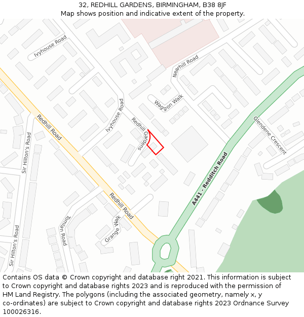 32, REDHILL GARDENS, BIRMINGHAM, B38 8JF: Location map and indicative extent of plot