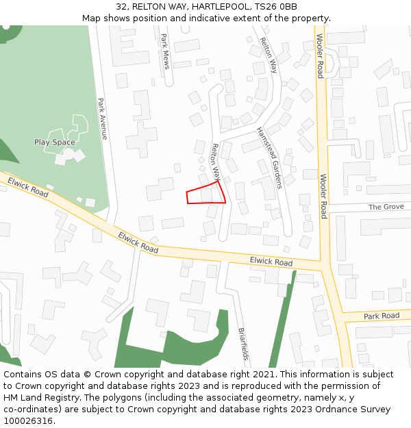 32, RELTON WAY, HARTLEPOOL, TS26 0BB: Location map and indicative extent of plot