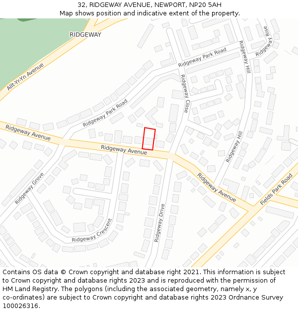 32, RIDGEWAY AVENUE, NEWPORT, NP20 5AH: Location map and indicative extent of plot