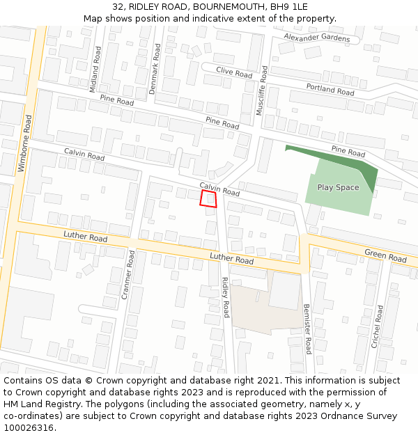 32, RIDLEY ROAD, BOURNEMOUTH, BH9 1LE: Location map and indicative extent of plot