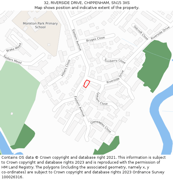 32, RIVERSIDE DRIVE, CHIPPENHAM, SN15 3XS: Location map and indicative extent of plot